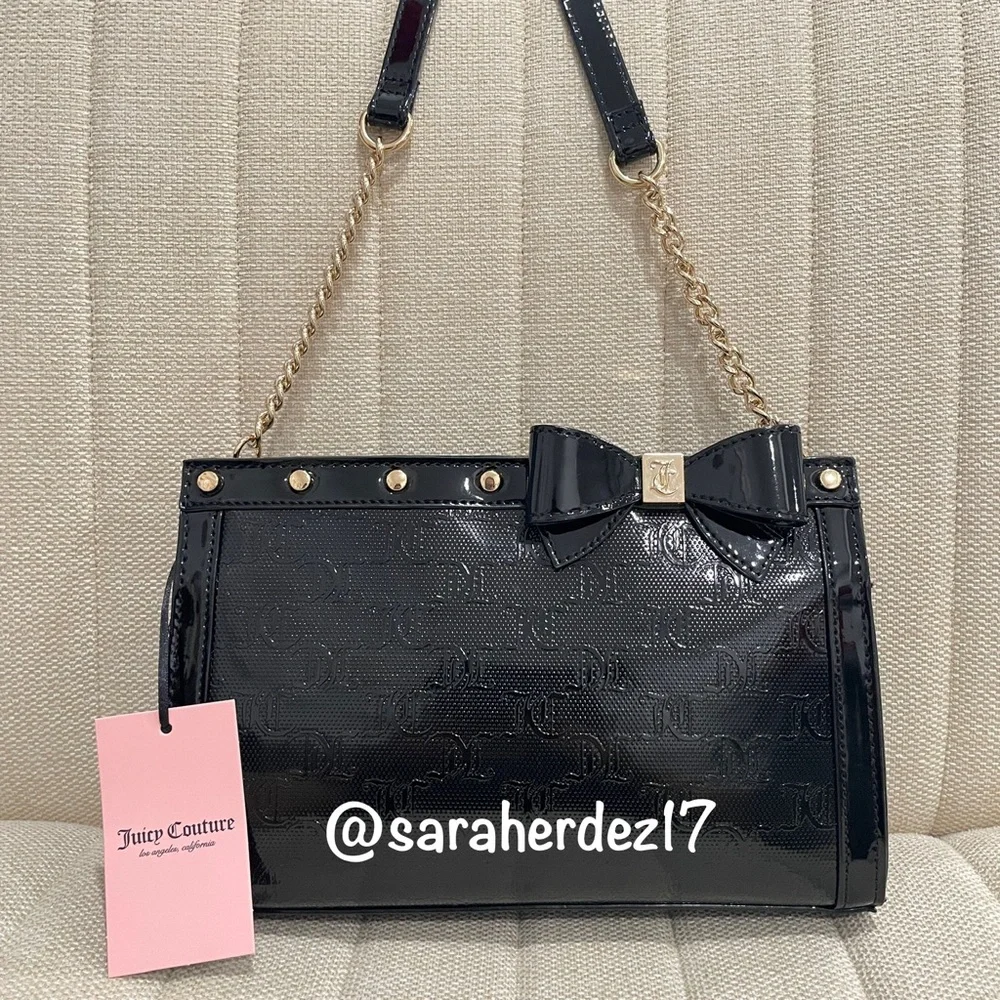 NEW Juicy Couture Black Patent Monogram Bow Crossbody Bag Gold Chain
